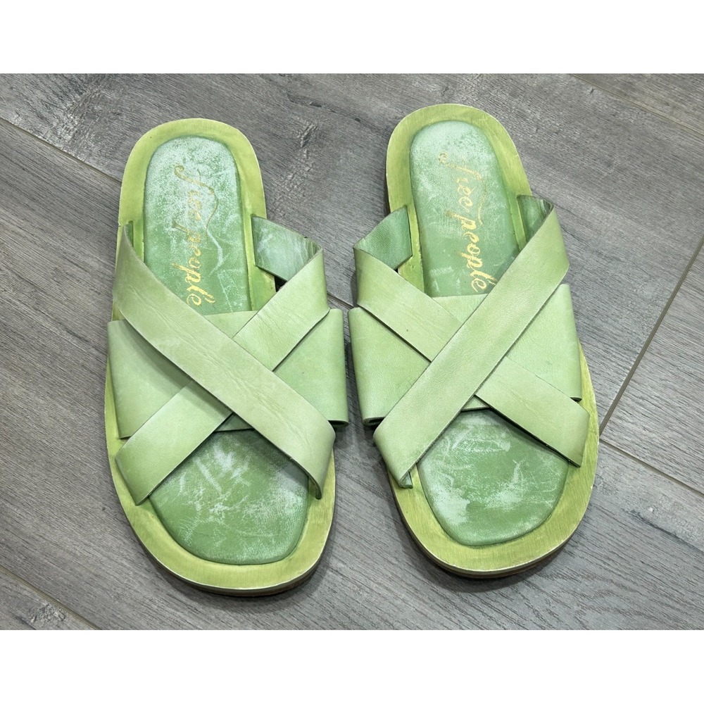 Free People Del Mar Sandals Womens 7 Green Leather Slide Strappy Boho Summer - Picture 1 of 9